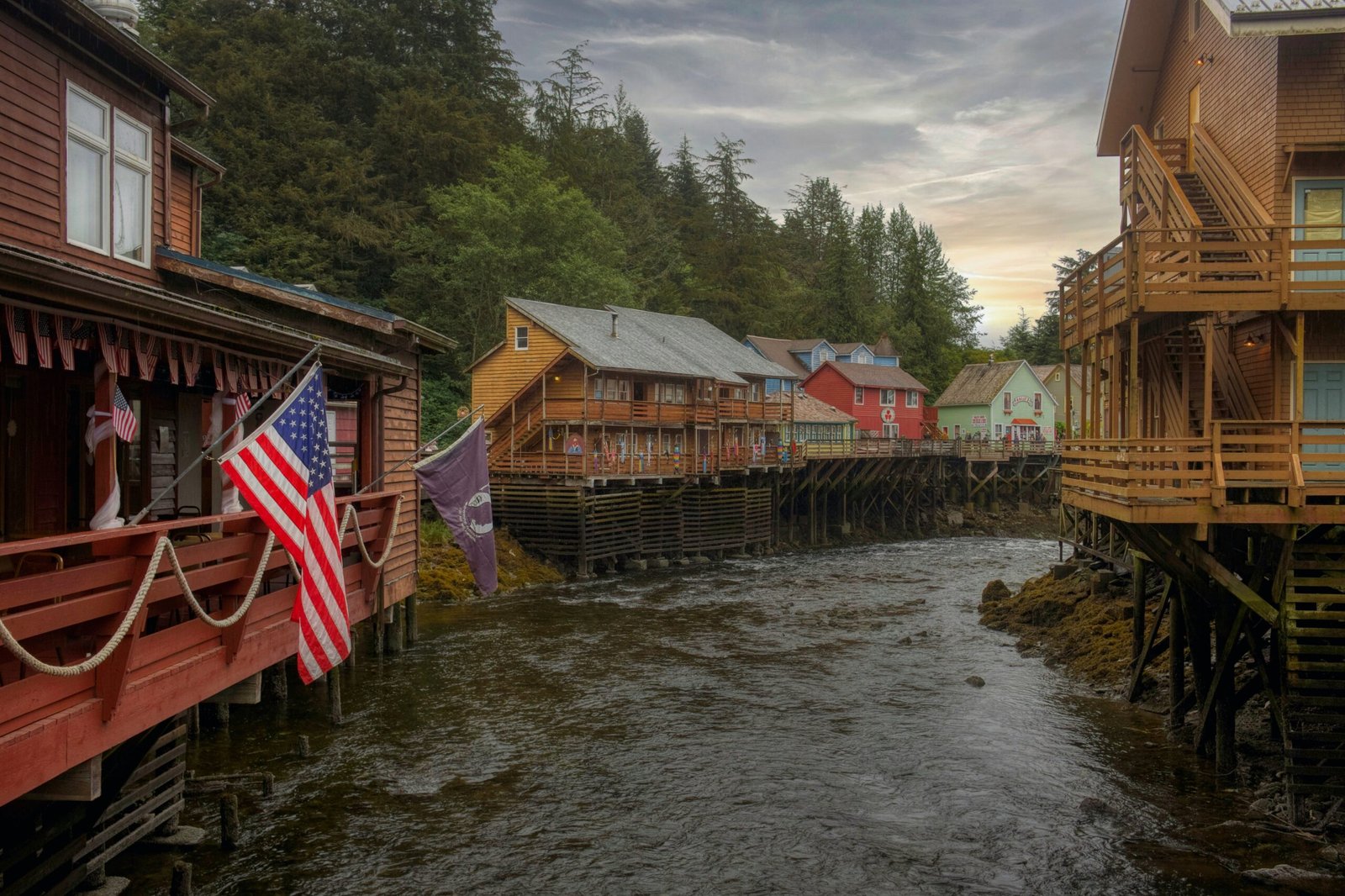 a river with houses along it